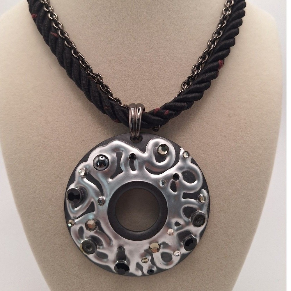 Vintage Chicos medallion pendant necklace statement chord chain silver tone